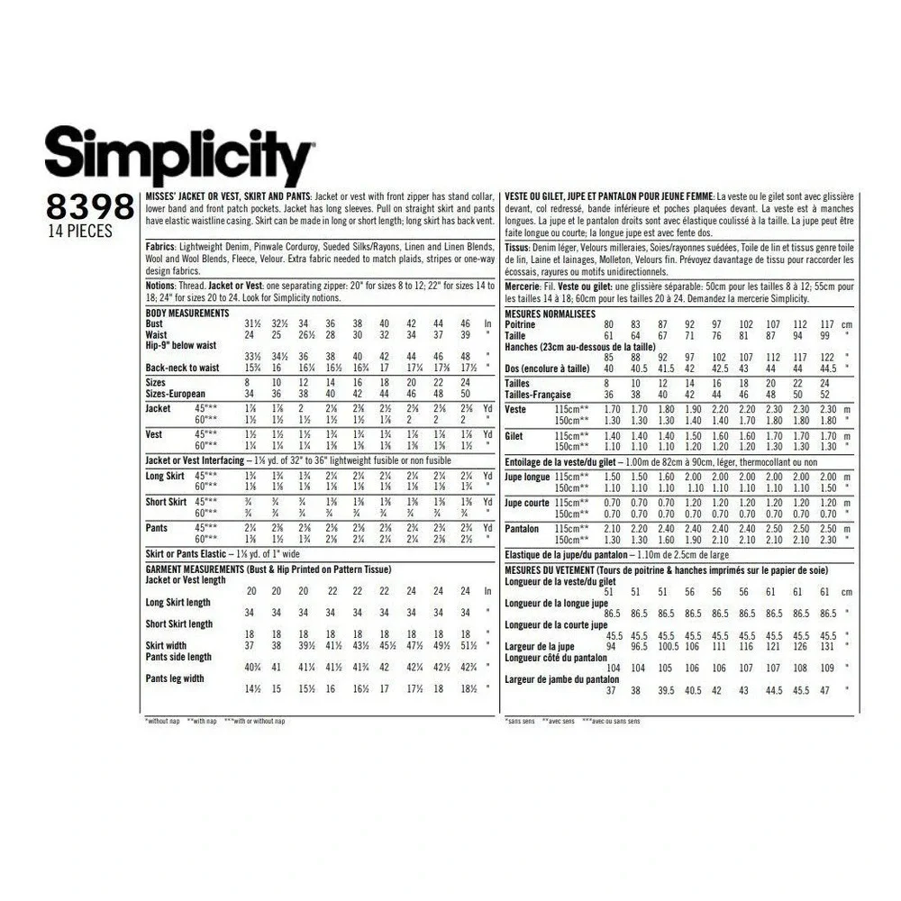 Simplicity Sewing‎ Pattern 8398 Jacket Vest Skirt Pants Womens Size 14-18